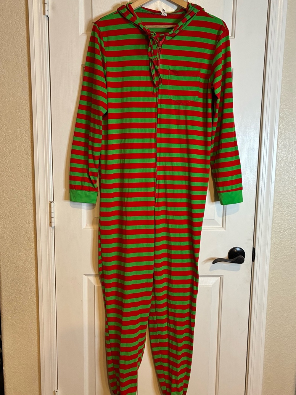 Women’s Red & Green Striped Hooded Pajama Jumpsuit